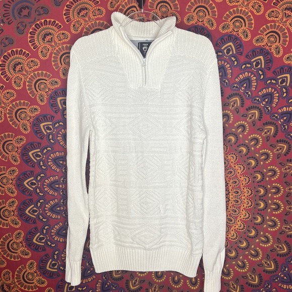 FRIED DENIM Henley Sweater Men L White Aztec Knit Quarter Zip Turtleneck Cotton - Picture 1 of 9